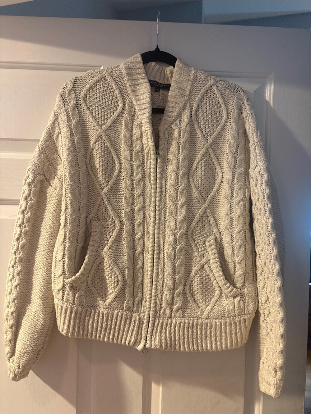 Central Park West light gray Cable-Knit Zip Cardigan